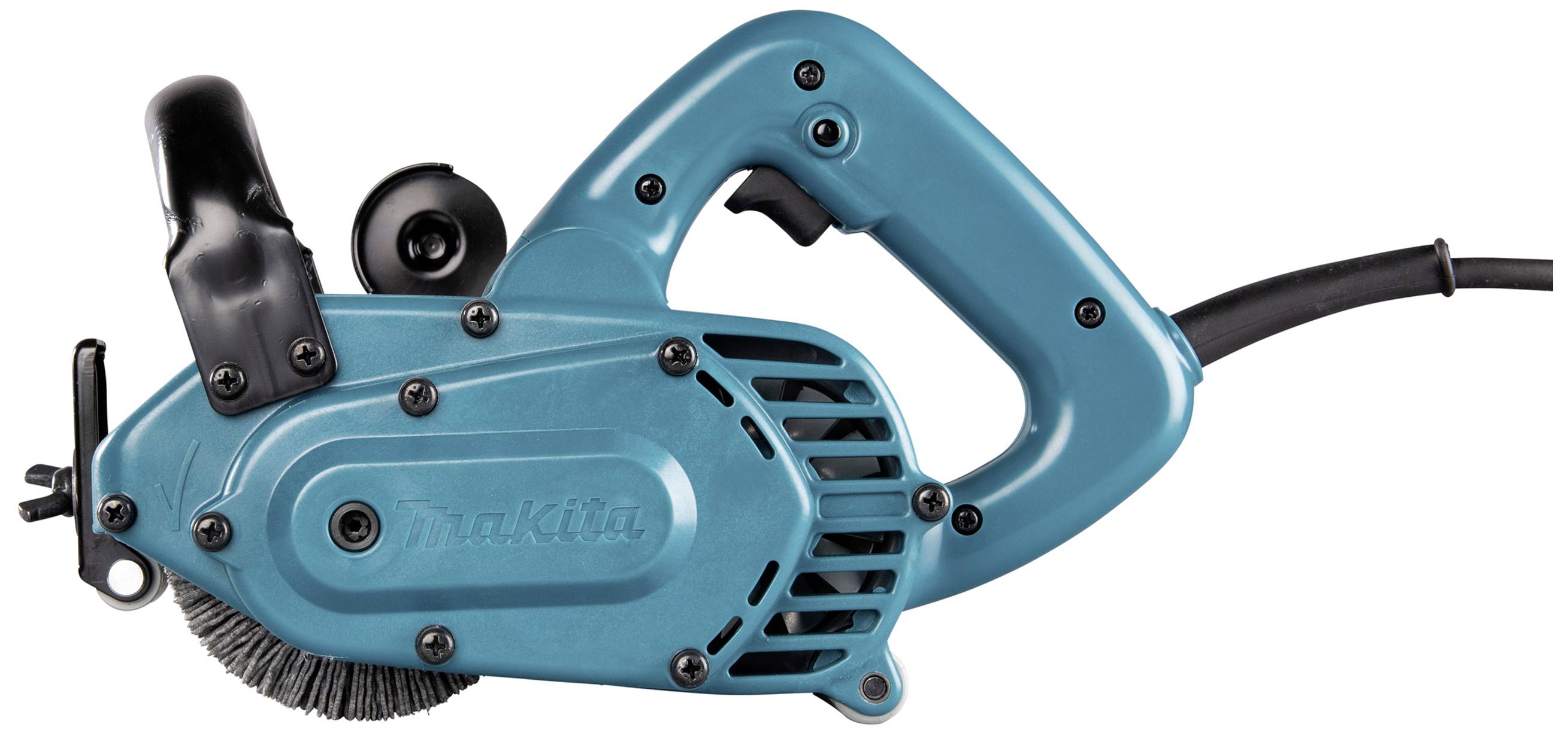 Blue electric sander with rotating wire brush, suitable for surface treatment.