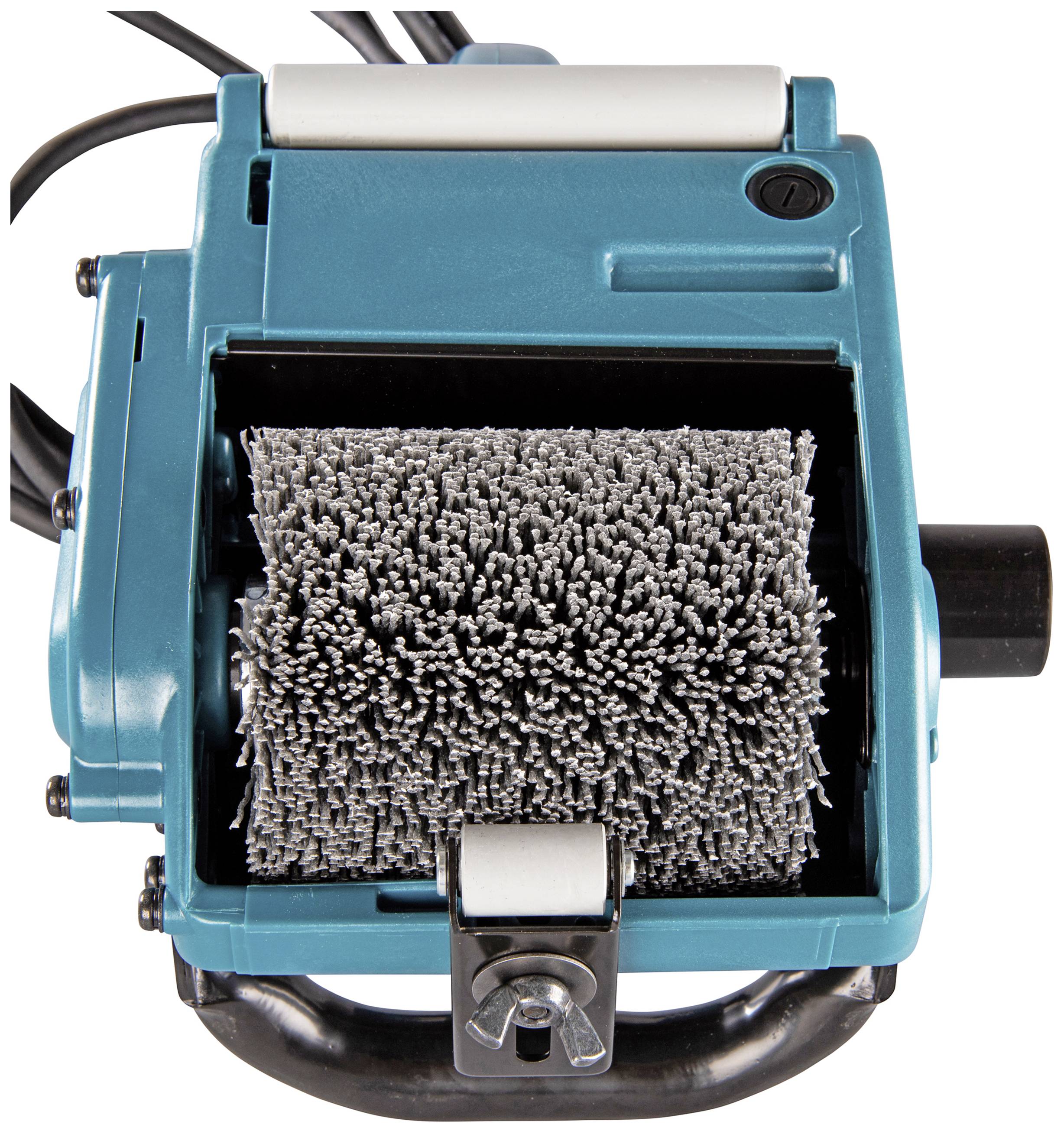 Industrial tool with a rotating wire brush, primarily used for surface treatment or rust removal from materials.