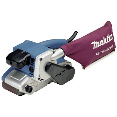 A blue belt sander with a dust collection bag bearing the 'Makita' label.