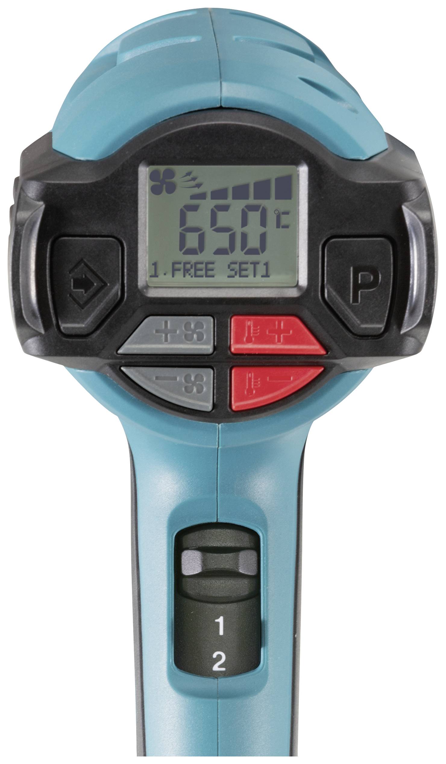 Digital temperature display with control panel, showing 65 degrees Celsius. Buttons for settings and fan speed. Device in blue.