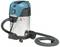 'Commercial vacuum cleaner with a blue plastic casing and silver metal container. Equipped with a hose, handles, and wheels.'