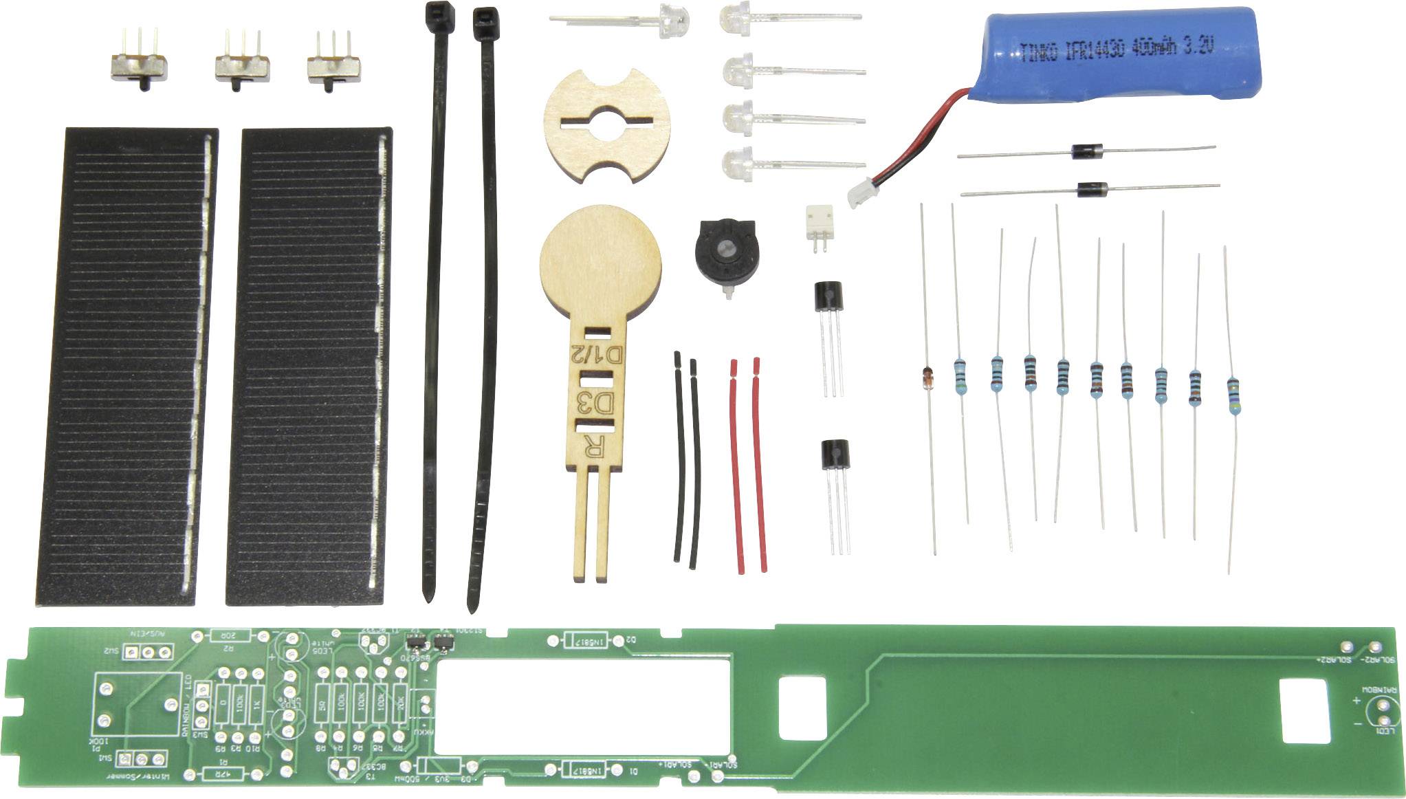 Electronic kit set with circuit board, solar cells, resistors, LED lamps, capacitor and other electronic components.
