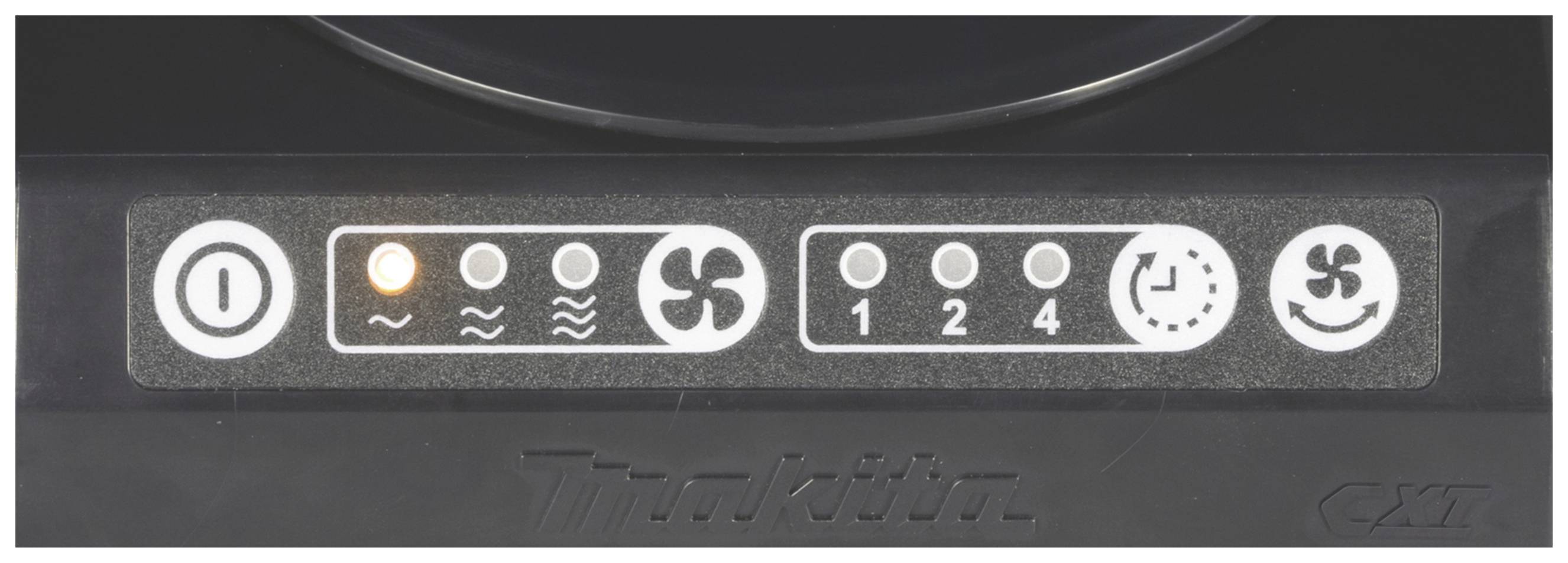 Control panel of a cooker hood with symbols for on/off, fan speeds, timer, and lighting. One symbol is illuminated, indicating an active state.
