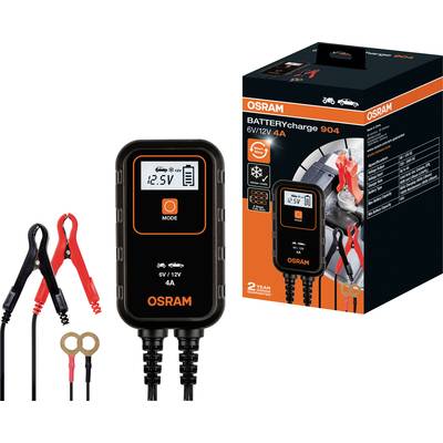 'OSRAM BATTERYcharge 904 6V/12V 4A' battery charger with display and clamps before packaging. For car and motorcycle batteries.