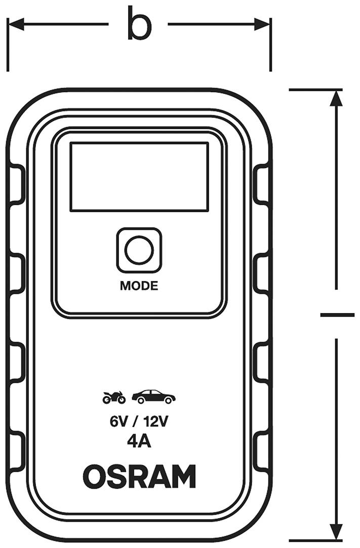 A schematic diagram of an OSRAM battery charger with symbols for cars and motorcycles. Displays modes for 6V/12V at 4A.