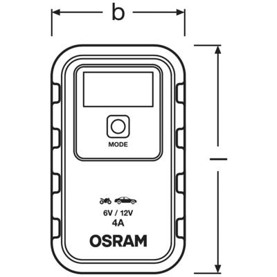 A schematic diagram of an OSRAM battery charger with symbols for cars and motorcycles. Displays modes for 6V/12V at 4A.