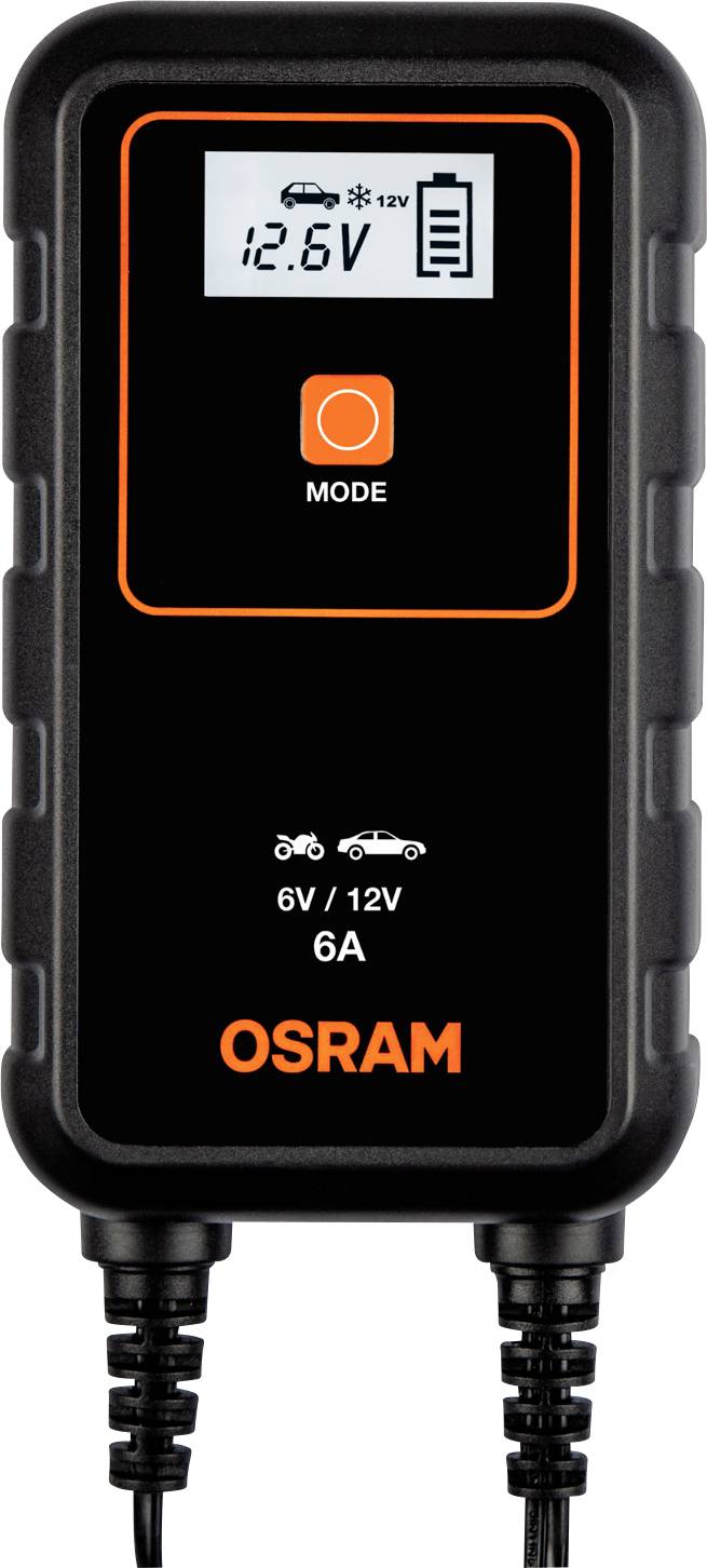 Battery charger with LCD display showing a voltage of 12.6V. Buttons and symbols for modes, cars and motorcycles visible.