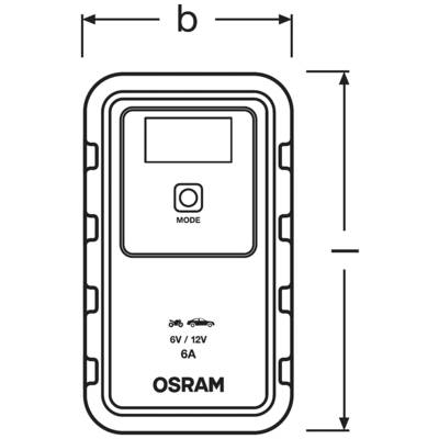 Figure of an OSRAM battery charger for 6V/12V and 6A with mode button. Suitable for motorcycles and cars. Dimensions indicated with symbols.