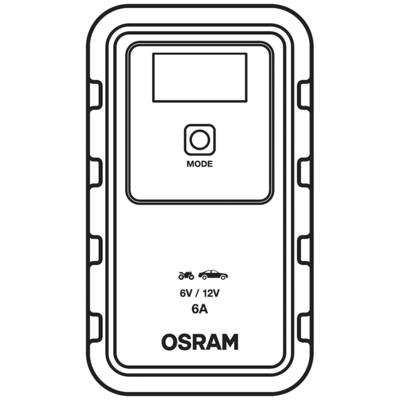 OSRAM battery charger illustration with MODE button, suitable for 6V/12V vehicles and motorcycles.