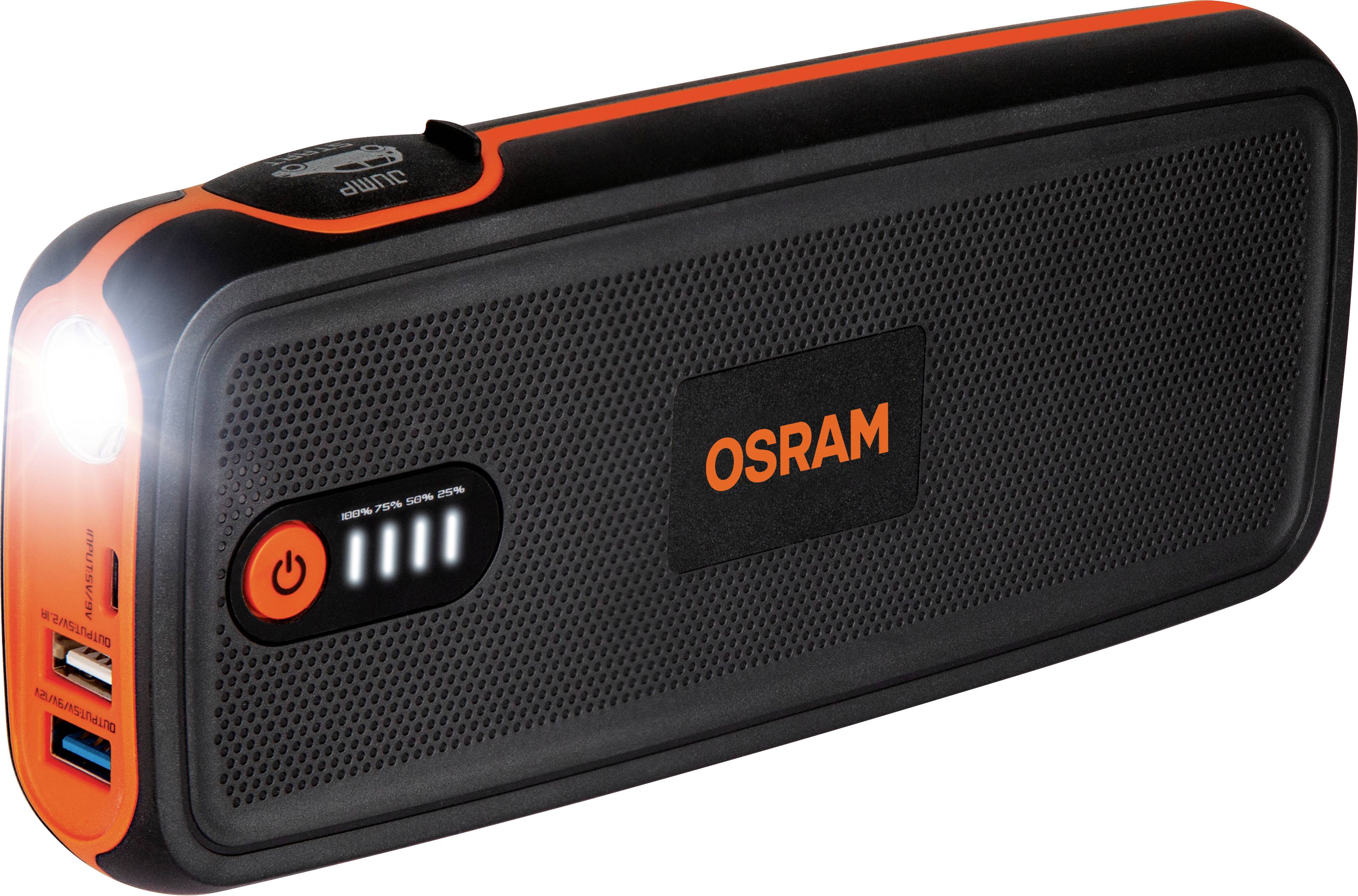 Portable black power bank by OSRAM with orange accents, featuring six LED indicators and USB ports, functioning as a charging station.