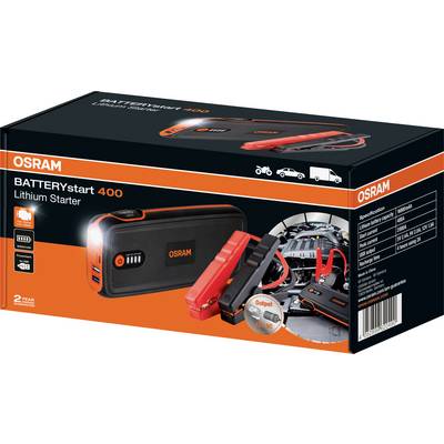 'OSRAM BATTERYstart 400 Lithium Starter' Product Packaging, showing portable car jump starter device and accessories, including USB ports.