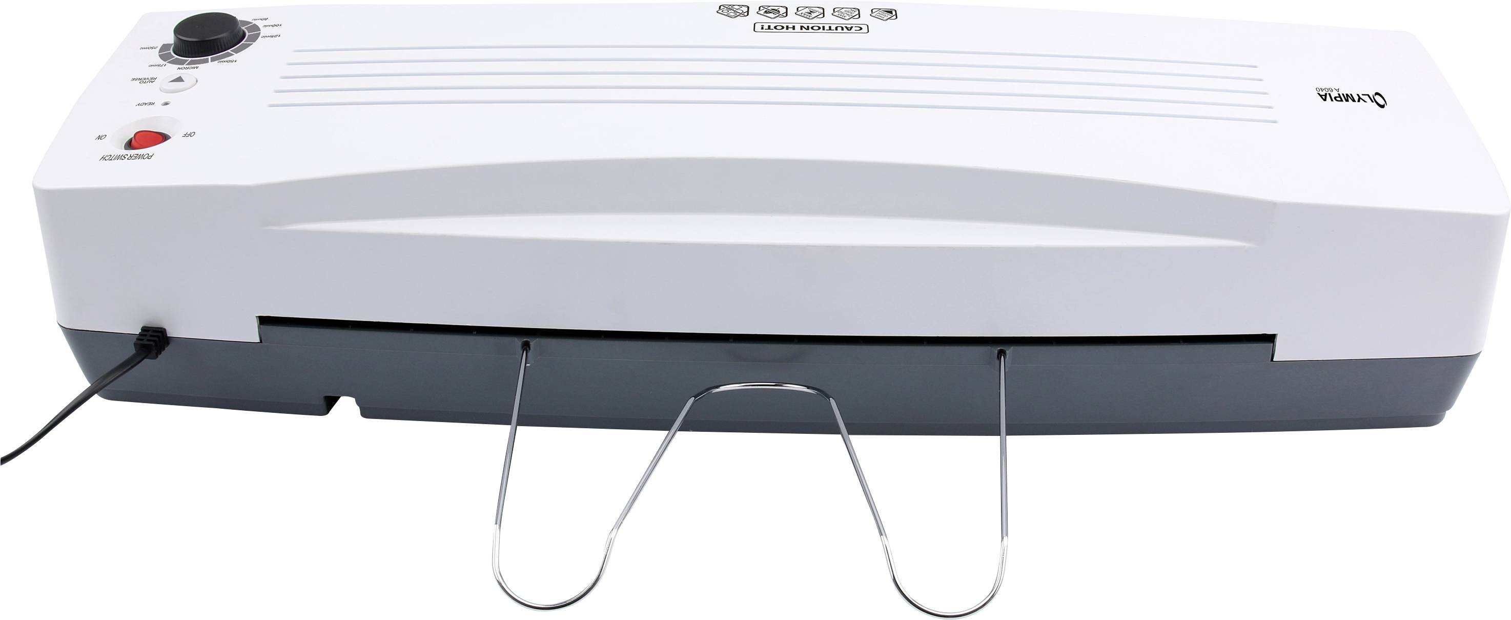A white laminator with rounded edges. On the left are a temperature dial and a red power on/off switch.