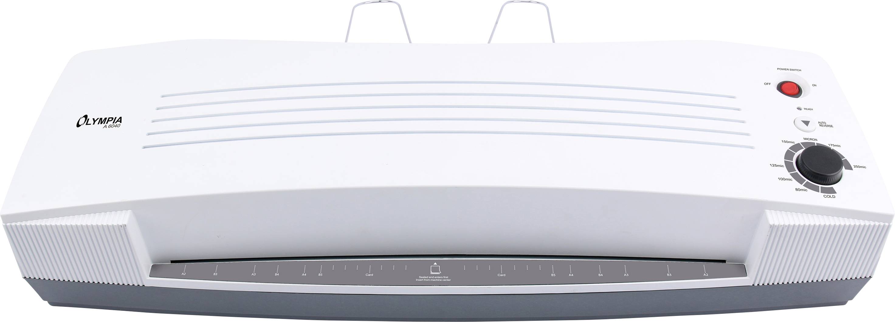 A white laminating machine with a dial and red button on the right. Two metal hooks on top.