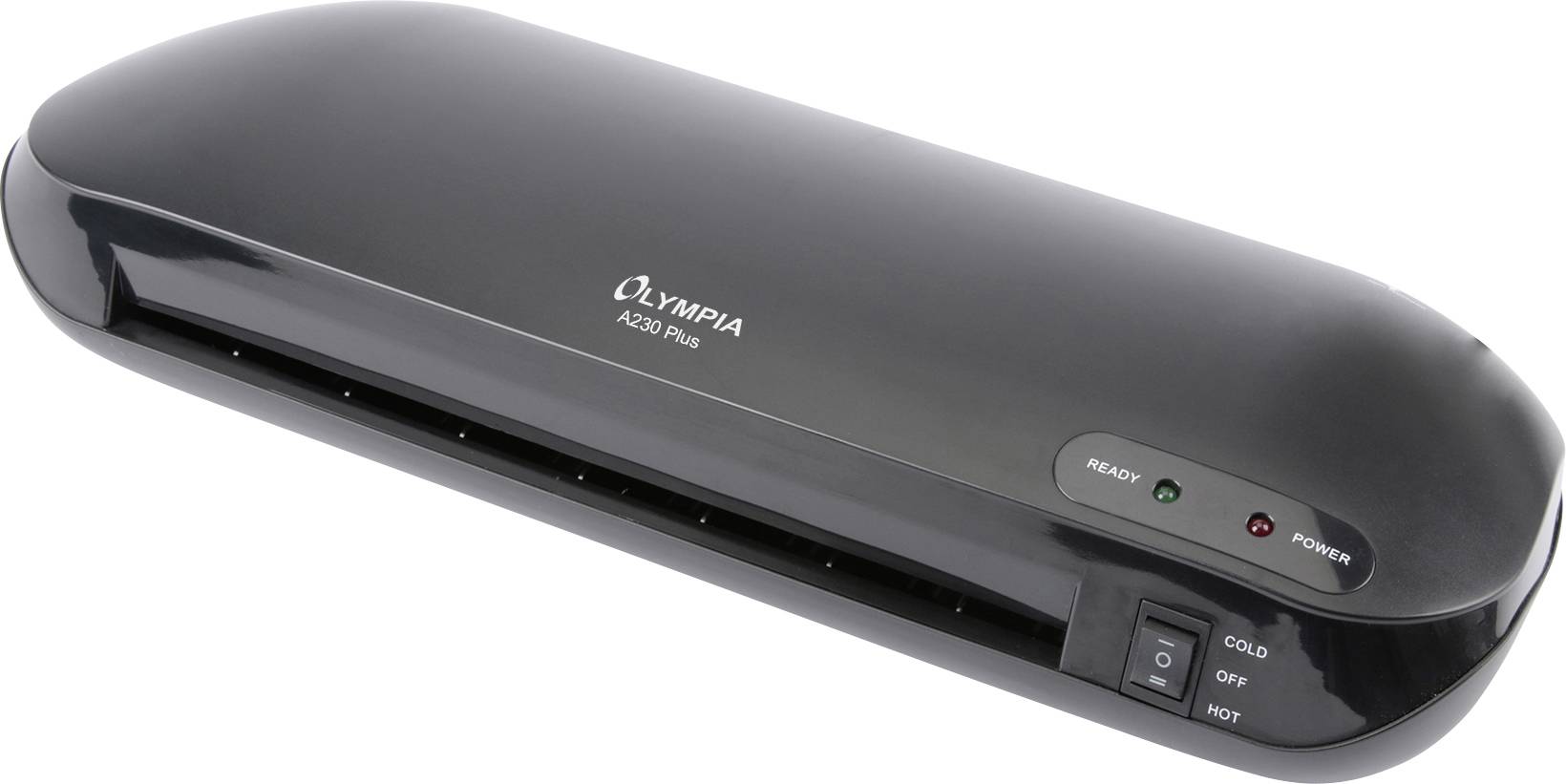 Black laminating machine with 'Olympia A230 Plus' printed on it, switches for cold and hot settings, indicator lights for standby and operation.