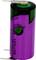 Purple cylindrical lithium battery with green accents, marked with 'High Energy' and '3.6 Volts', has metal terminals at the ends.