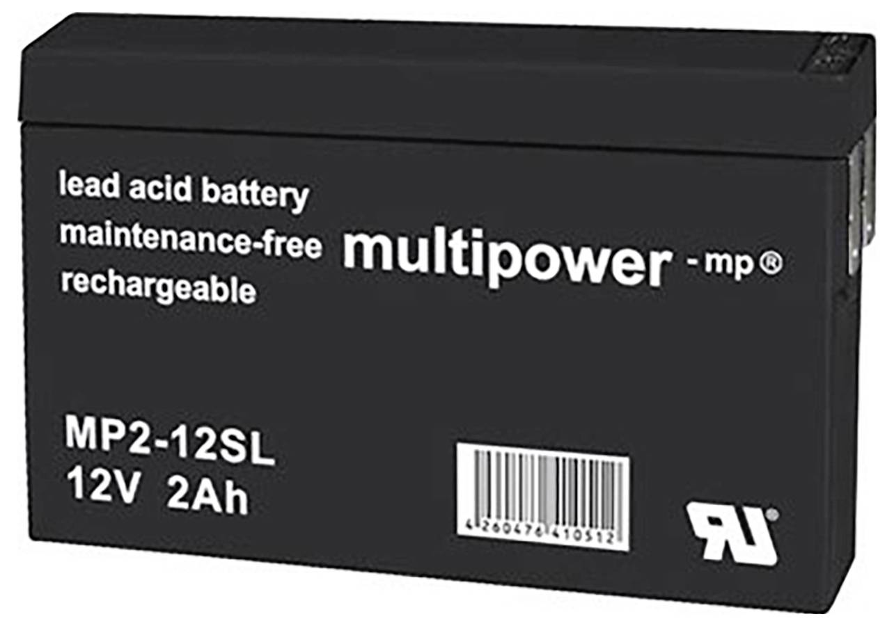 Rechargeable 12V 2Ah Lead-Acid Battery, maintenance-free, brand 'multipower', Model MP2-12SL, black casing.