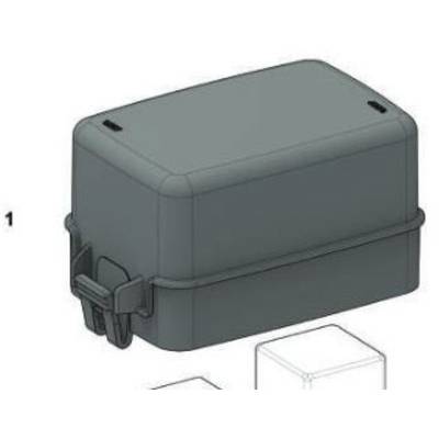 A rectangular, dark container with a removable lid. Valve or clips on the side. Appears to be intended for storage purposes.