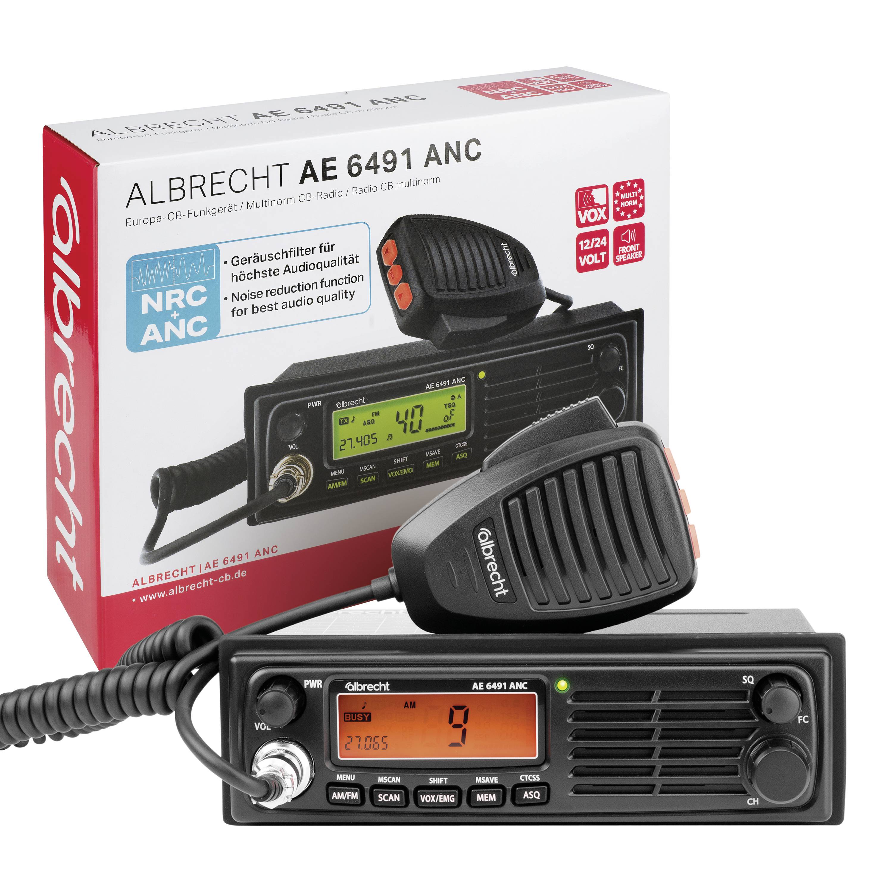 A pack with the label 'Albrecht AE 6491 ANC' displays a radio with a microphone and various features such as noise cancellation.