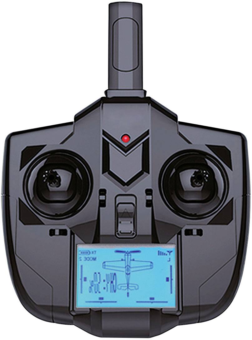 Black remote control controller with blue display, joysticks on the left and right, antenna on top; suitable for model aircraft.