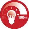 Red symbol with a light bulb showing 100% illumination. '0%' on the left, '100%' on the right. Symbolises maximum brightness.