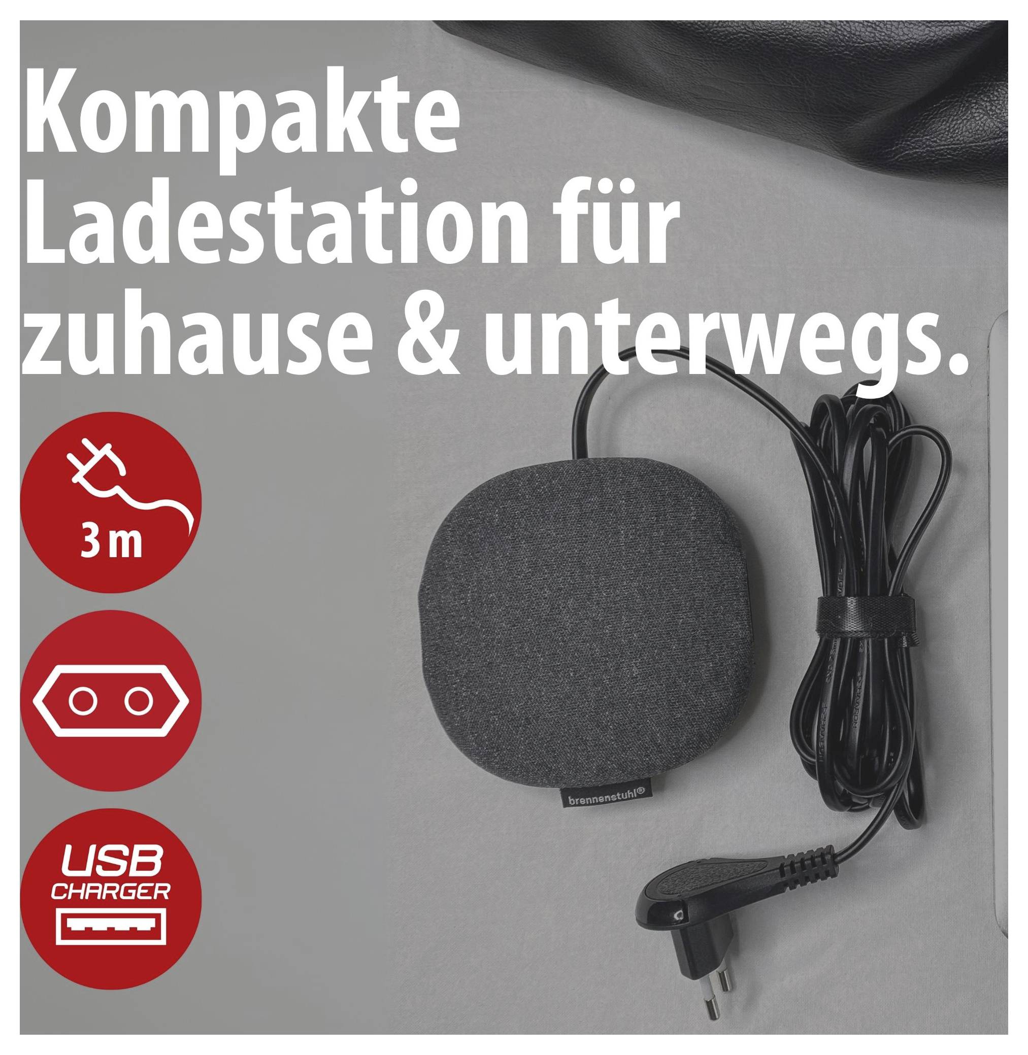 Advertising graphic featuring a compact charging station and cable; text: 'Compact charging station for home & on the go.'; symbols for 3 m, USB charger and plug.