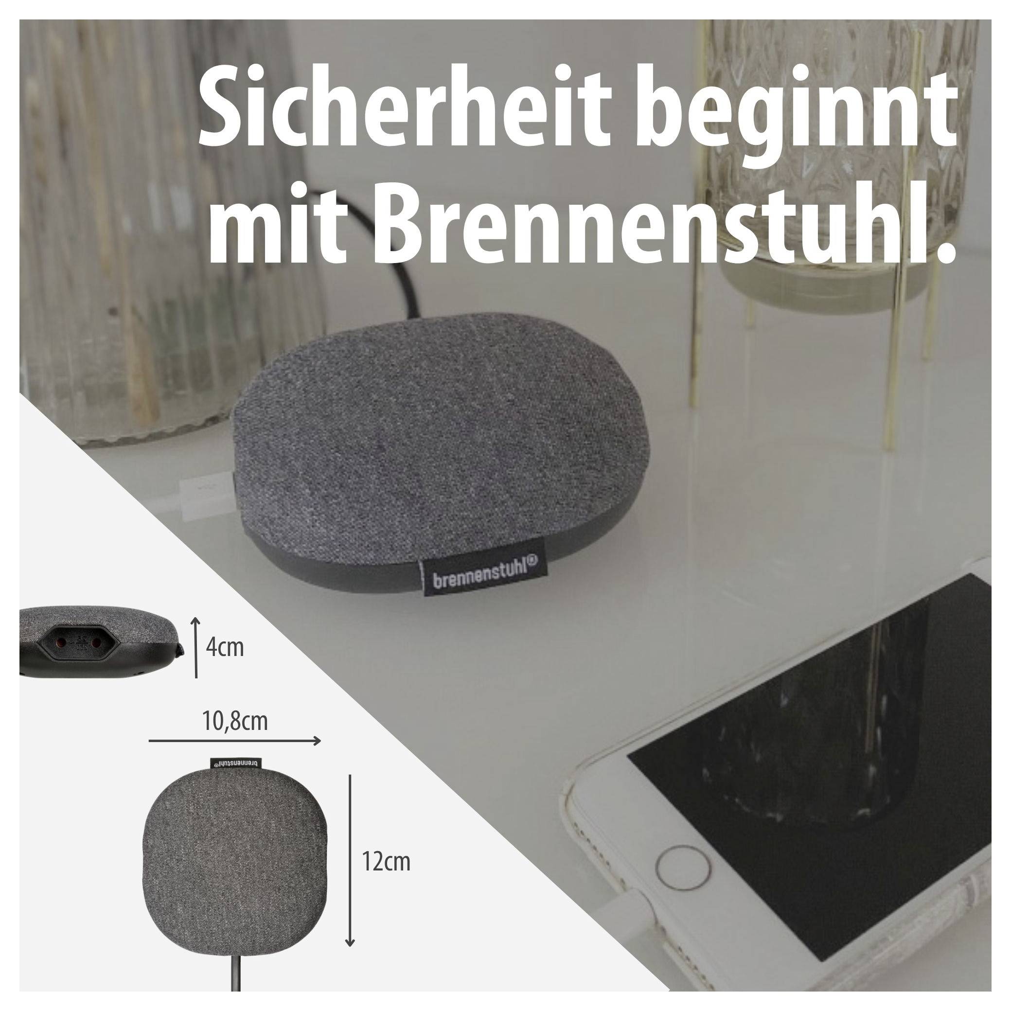 Advertising graphic featuring a Brennenstuhl socket adapter and the slogan 'Safety starts with Brennenstuhl.'; Dimensions 10.8 cm, 12 cm and 4 cm; mobile phone next to it.