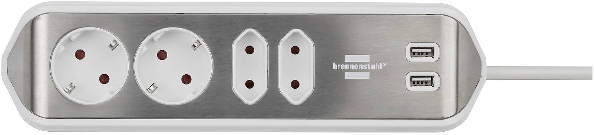 Plug extension with two round and two flat socket outlets, along with two USB ports.