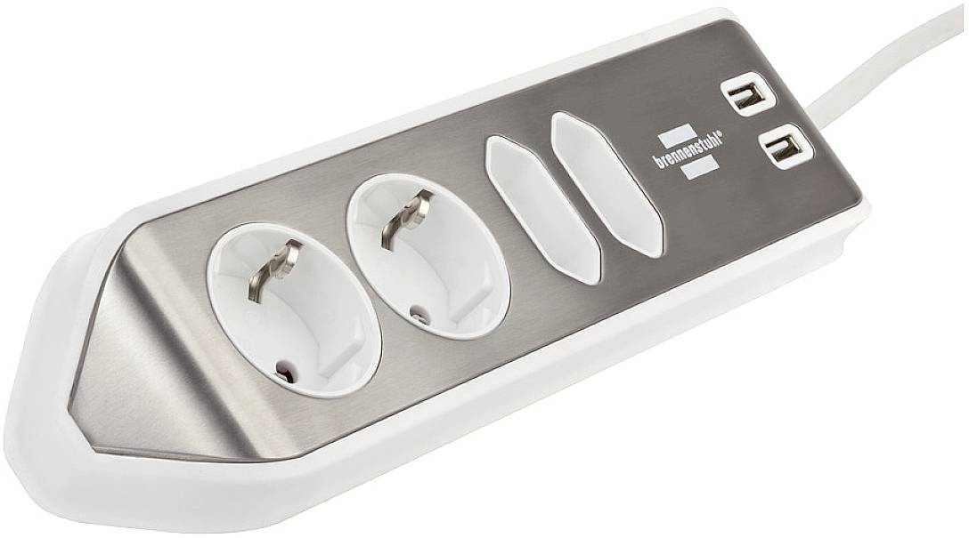 A silver-white power strip with two socket outlets, two USB ports and the inscription 'brennenstuhl'.
