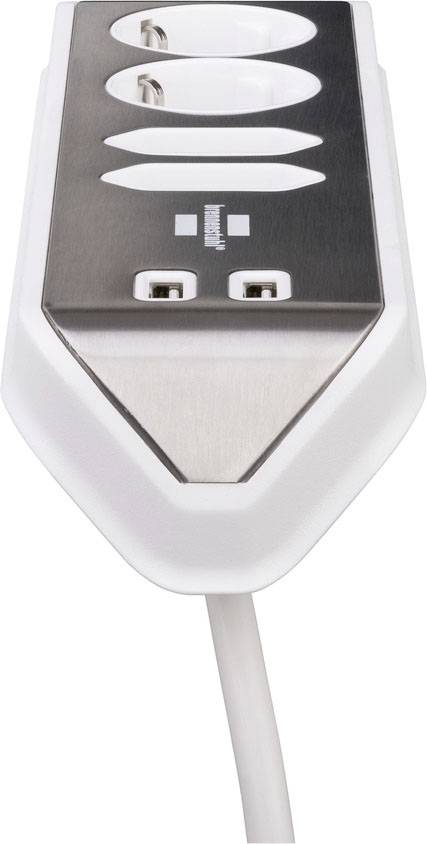 'Triple socket strip with metal surface and switch, connected by a white cable.'