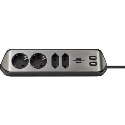 Multi-socket power strip with two Schuko outlets, two USB ports, and a black power cord on a silver-and-black housing.