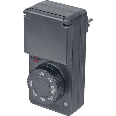Black plug-in timer switch with rotary dial marked OFF/ON and hour settings, used to control power on an electrical outlet.