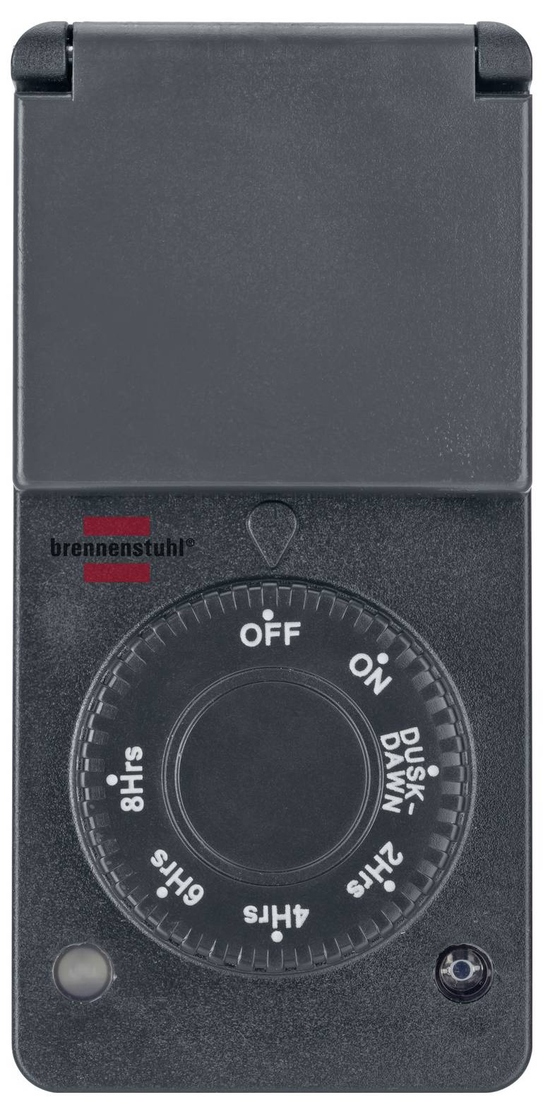Close-up of a black electrical timer switch with a circular dial labeled 'OFF', 'ON', and 2, 4, 6, 8 hours.