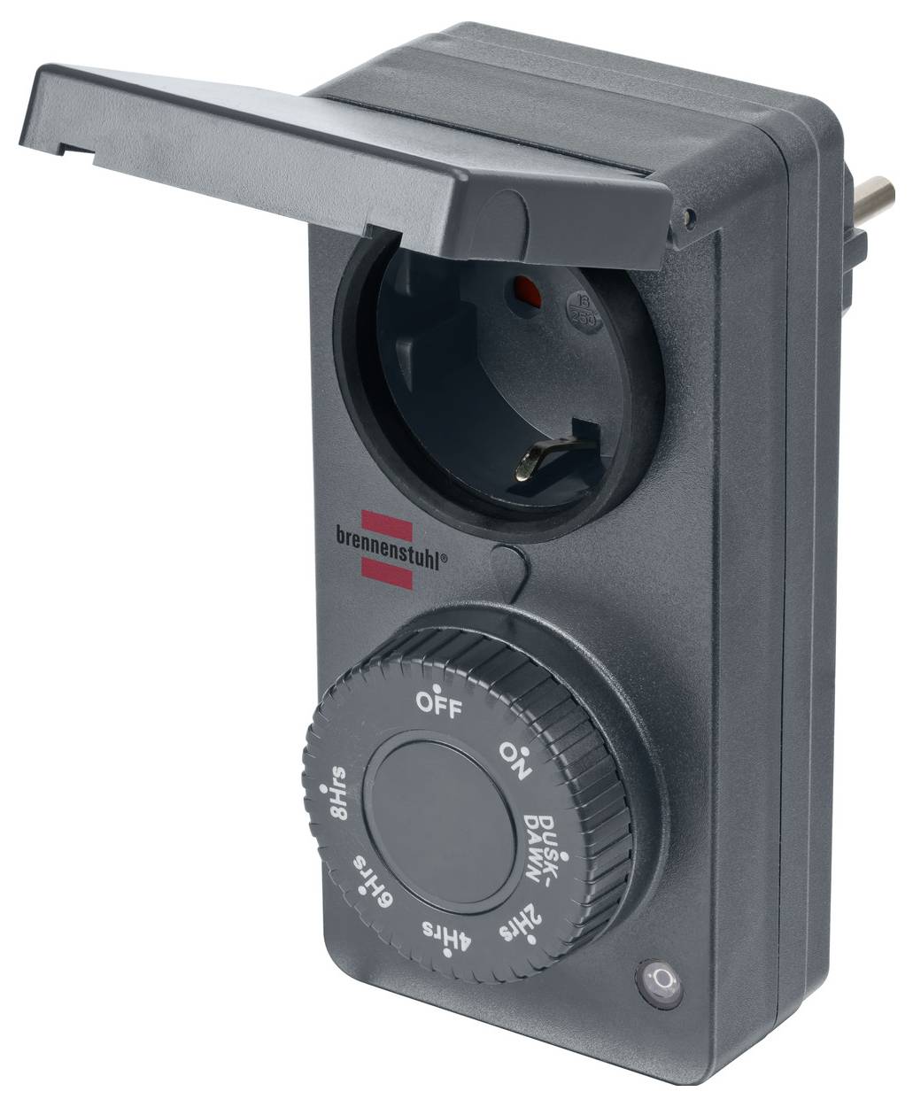 Outdoor electrical outlet adapter with flip cover and rotary timer dial labeled on, off, and 2h to 8h.