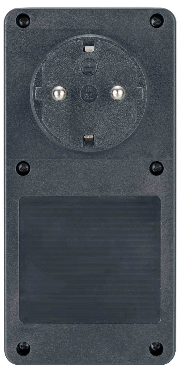 Black wall-mounted power outlet with a large solar panel below, suggesting a solar-powered electrical device or charger.