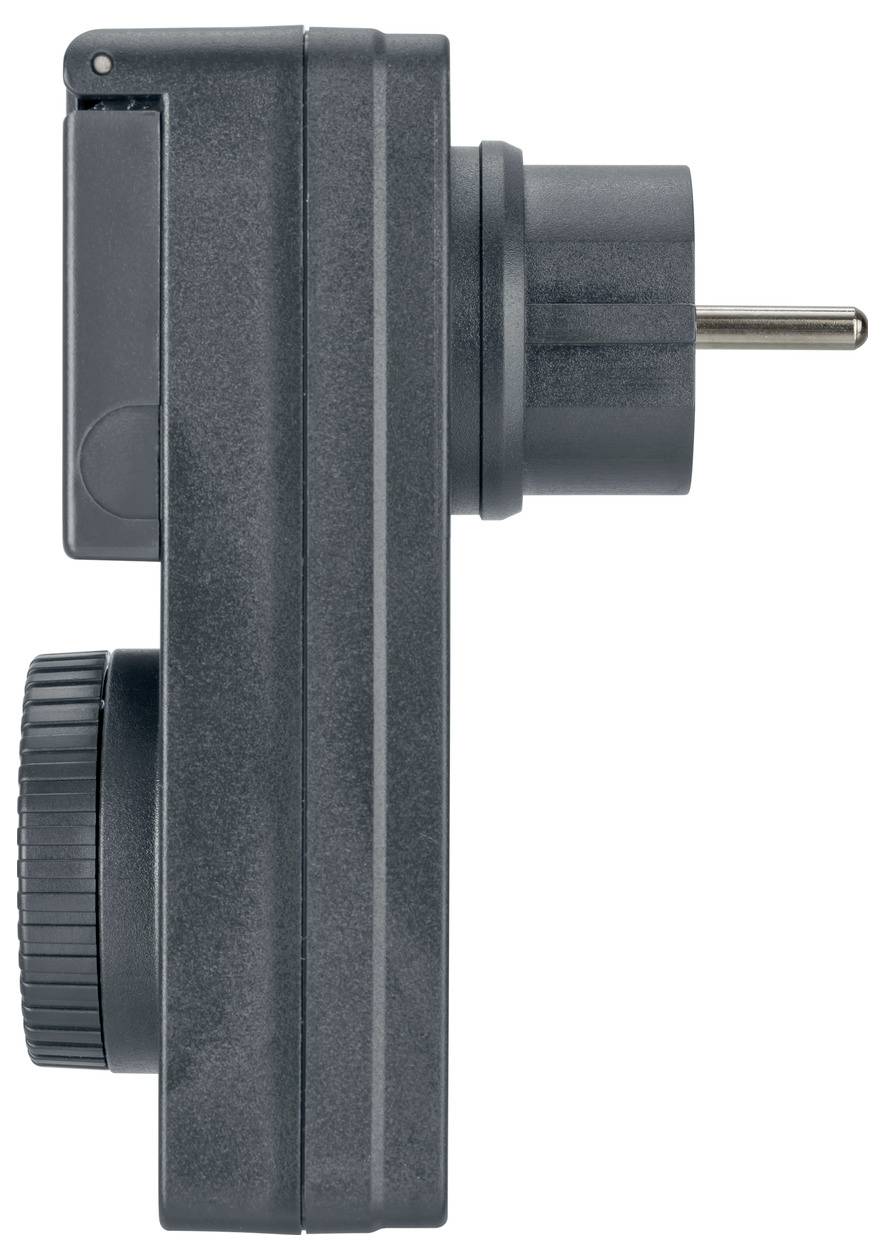 Side view of a black electrical plug adapter with two round pins extending from the right side.<br>
