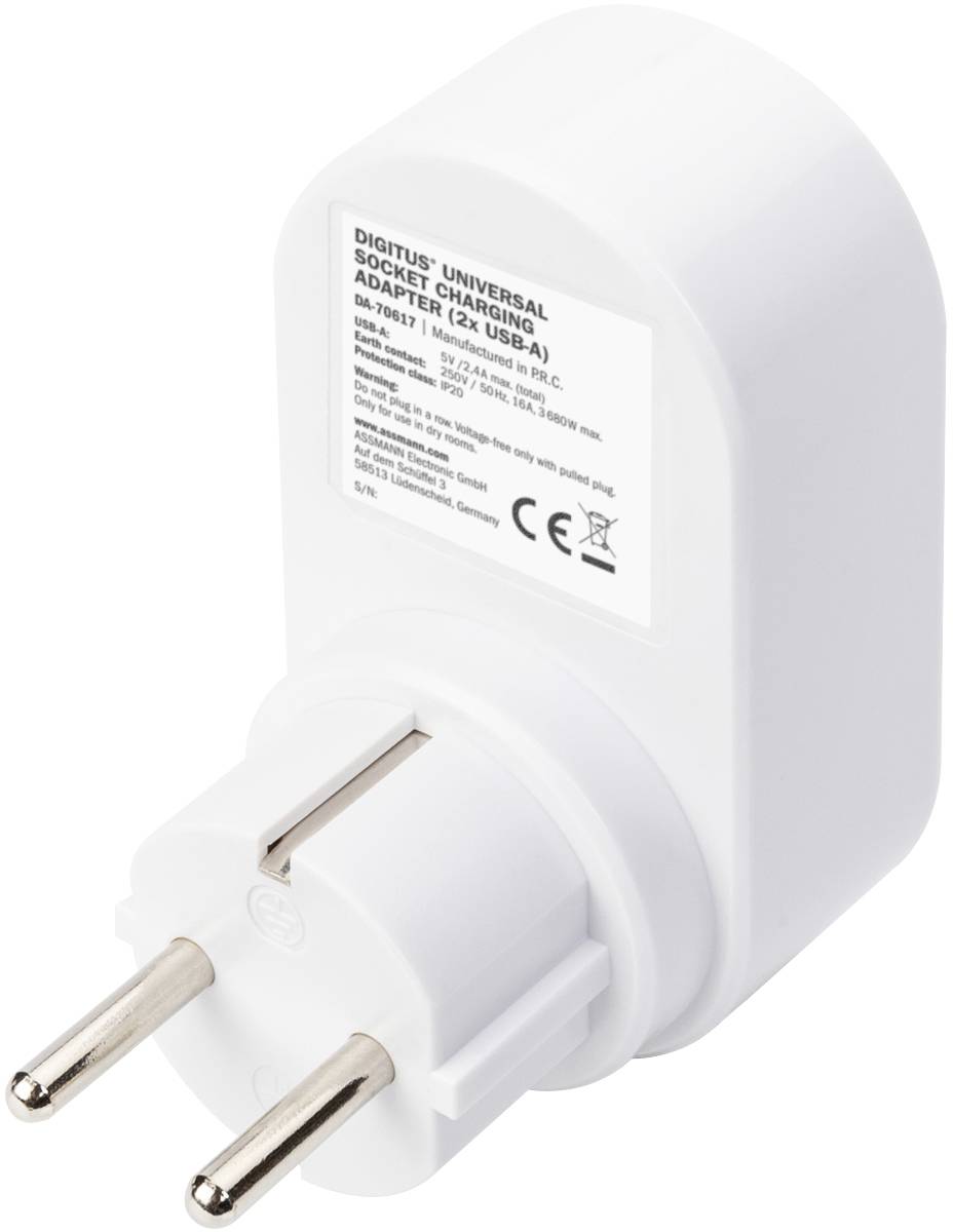 Universal adapter with two USB ports and European mains plug. Suitable for charging purposes in various countries. CE-certified.