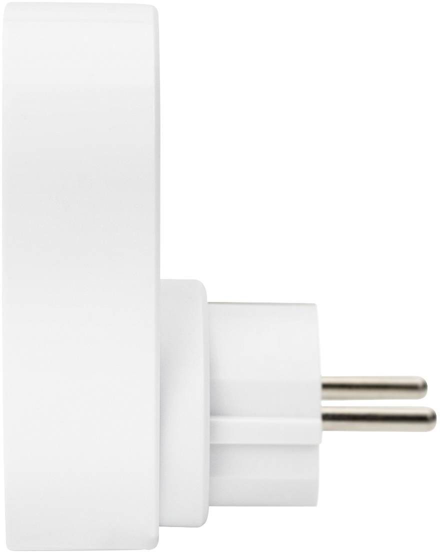 A white, round socket with a Schuko plug viewed from the side. The socket is empty and stands against a white background.