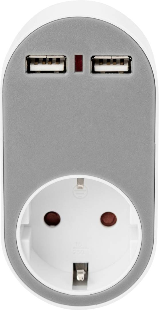 A socket with two USB ports and an earth pin. Large grey surface with integrated connection, ideal for multi-functional charging.