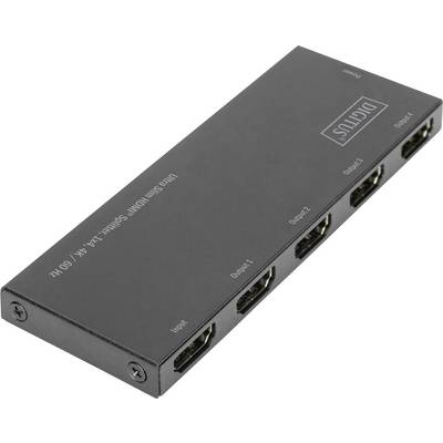 A black HDMI splitter with five HDMI ports, labelled with 'Input' and 'Output 1-4', is used for video distribution.