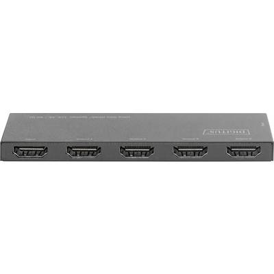 A black HDMI switch with five HDMI outputs, labelled from 'Output A' to 'Output E', positioned on a grey surface.