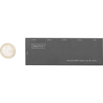 'Digitus Ultra Slim HDMI Splitter, 1x4, 4K/60 Hz' alongside a one-euro coin for size comparison. Rectangular, black device.