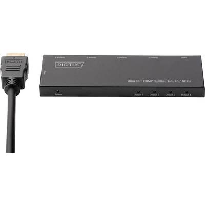 A Digitus HDMI Splitter 1x4, Ultra Slim, 4K/60 Hz. Shows input and four output ports with power indicator on the front panel.