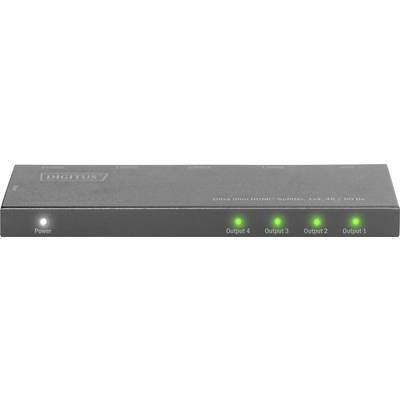 HDMI splitter with five illuminated LEDs for power and outputs 1 to 4. Device for distributing an HDMI signal to multiple displays.