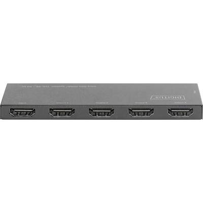 A black HDMI splitter with five ports, each labelled 'Input', 'Output 1', 'Output 2', 'Output 3', 'Output 4'.