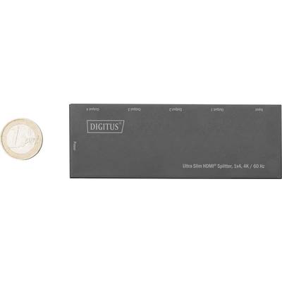'Coin and HDMI splitter to scale: DIGITUS brand HDMI splitter, 1x4, 4K/60 Hz, placed next to a 1-euro coin for size comparison.'