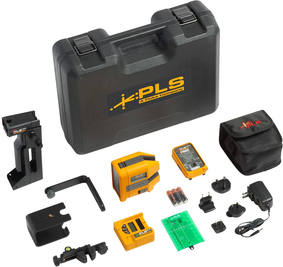 A laser measuring device in a case with accessories such as charger, mounting brackets and batteries, ready for construction projects.