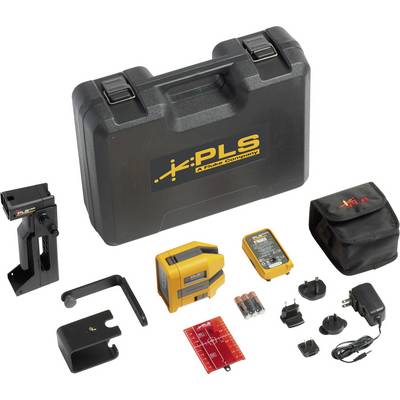 A black suitcase with the 'PLS' logo contains a laser level, charger, batteries and accessories for precise measurements.