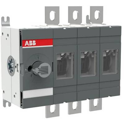 A grey electrical load-break isolator with a red 'ABB' logo in the top left corner. The switch has six terminals and a rotary lever on the left.