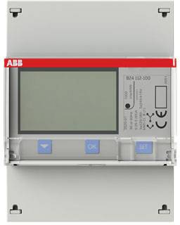A digital ABB measuring device with a large display, two blue buttons ('OK' and 'SET'), and visible CE markings.