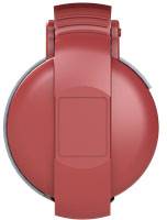 Red headphones from a bird's-eye view, with a three-dimensional design featuring closed ear cups and a padded headband.
